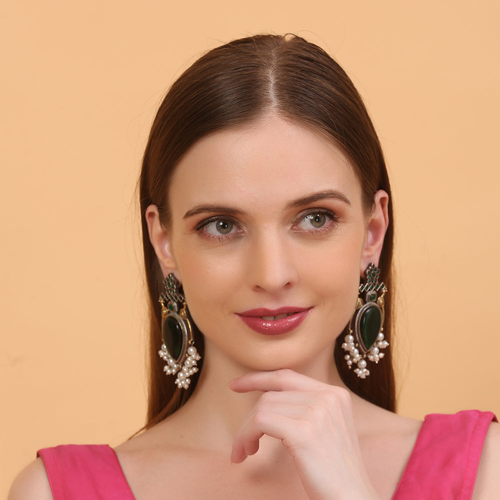 Oxidised silver earrings with green teardrop stone and pearl drops for women ethnic jewelry