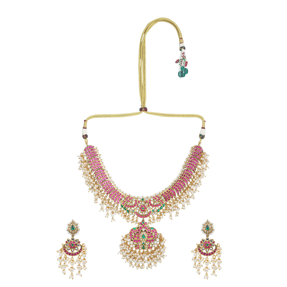 Pink kundan bridal necklace set with pearl drops and matching earrings, gold plated traditional wedding jewelry