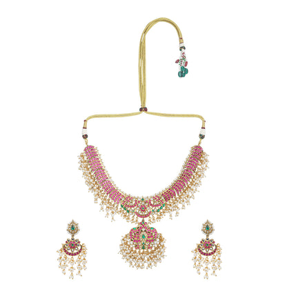 Pink kundan bridal necklace set with pearl drops and matching earrings, gold plated traditional wedding jewelry