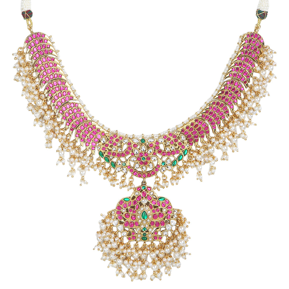 Pink kundan bridal necklace set with pearl drops and matching earrings, gold plated traditional wedding jewelry