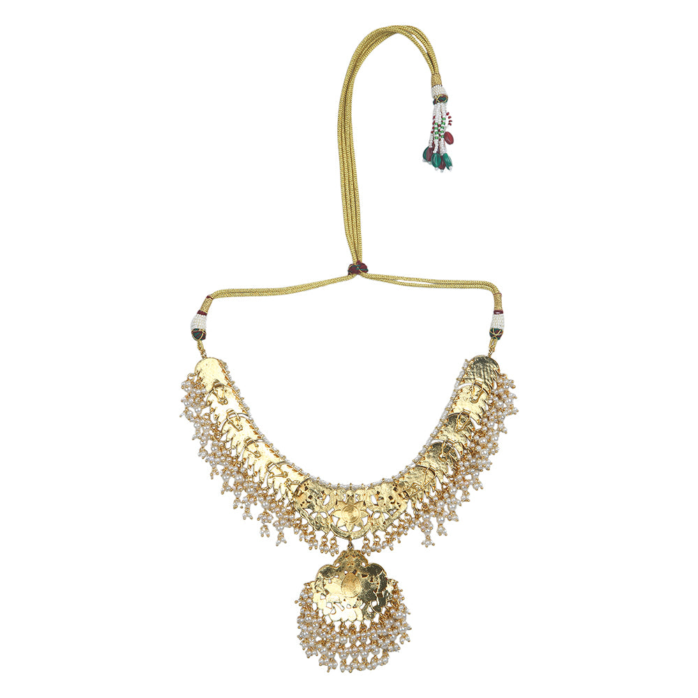Pink kundan bridal necklace set with pearl drops and matching earrings, gold plated traditional wedding jewelry