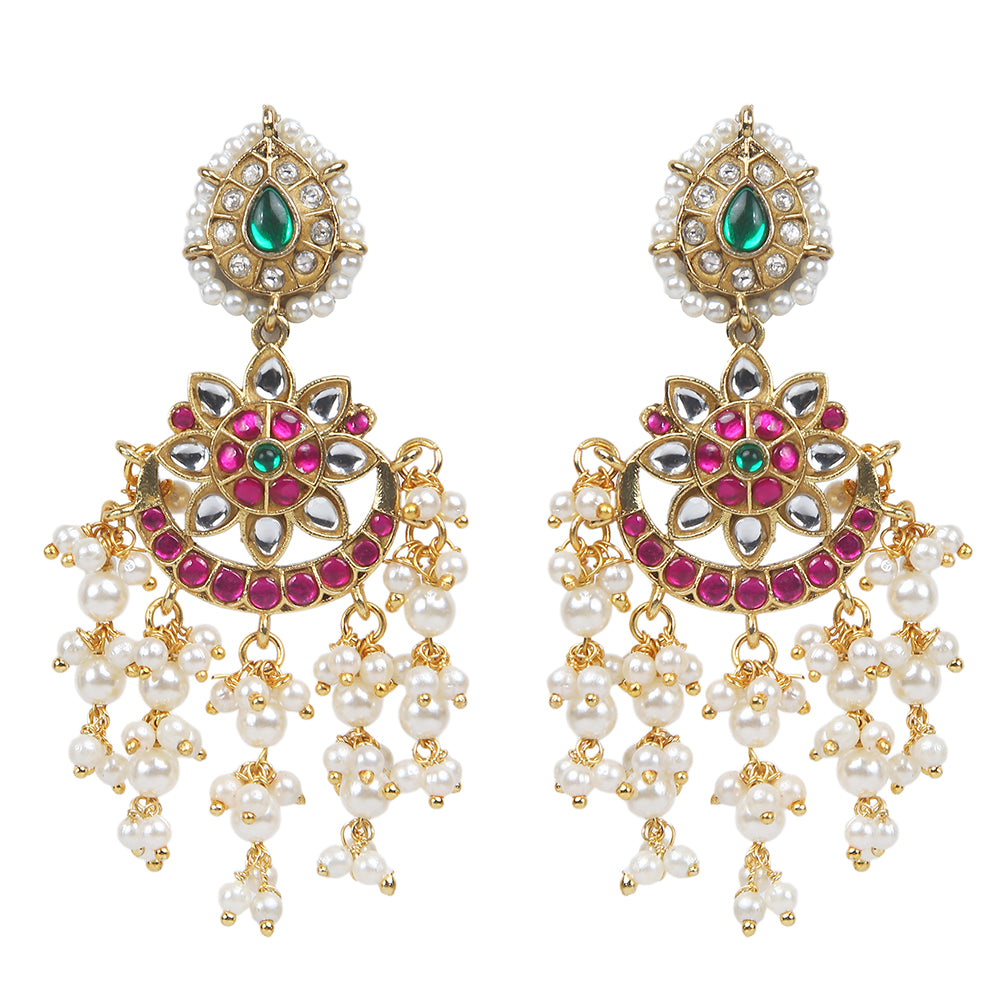 Pink kundan bridal necklace set with pearl drops and matching earrings, gold plated traditional wedding jewelry