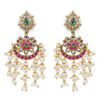Pink kundan bridal necklace set with pearl drops and matching earrings, gold plated traditional wedding jewelry