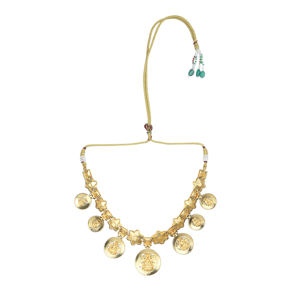Gold plated Lakshmi coin necklace set with pink stones and matching earrings on white background