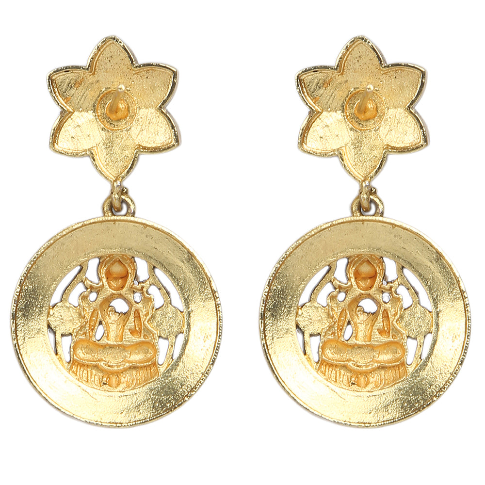 Gold plated Lakshmi coin necklace set with pink stones and matching earrings on white background
