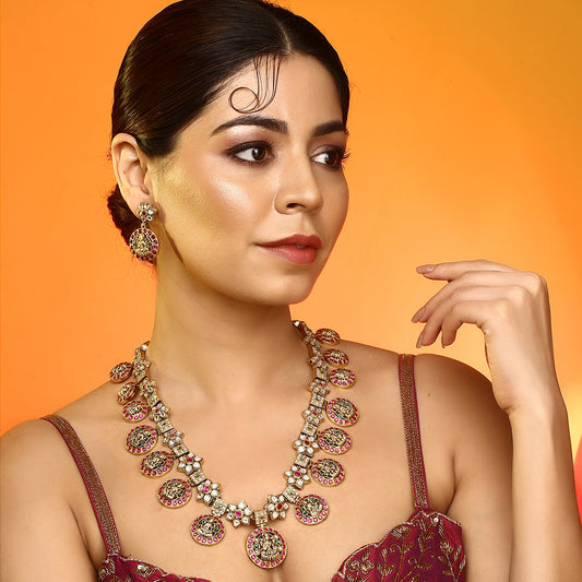 Traditional Temple Lakshmi Coin Necklace Set with Earrings Gold Plated Pink & Green Stone Bridal Jewellery