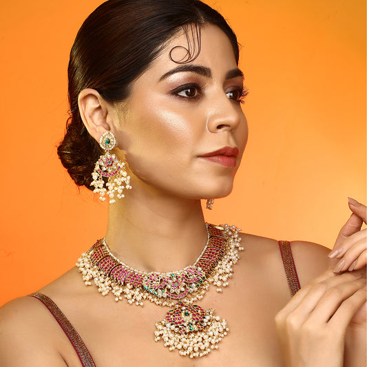 Pink kundan bridal necklace set with pearl drops and matching earrings, gold plated traditional wedding jewelry