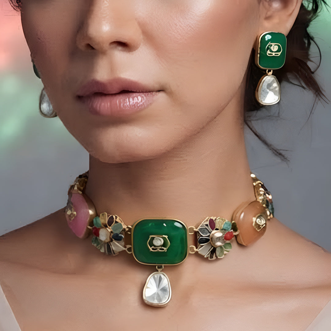 Gold-Plated Kundan Navratna Choker Set with Earrings