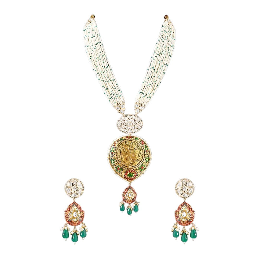 Meenakari Coin Pendant Pearl Necklace Set with Green Drops