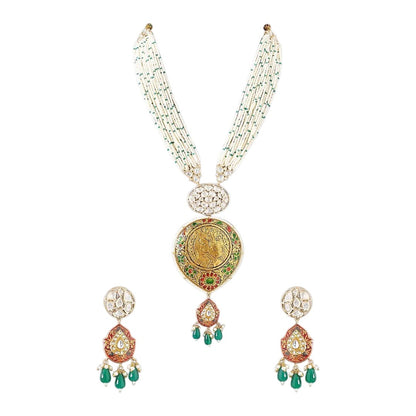 Meenakari Coin Pendant Pearl Necklace Set with Green Drops