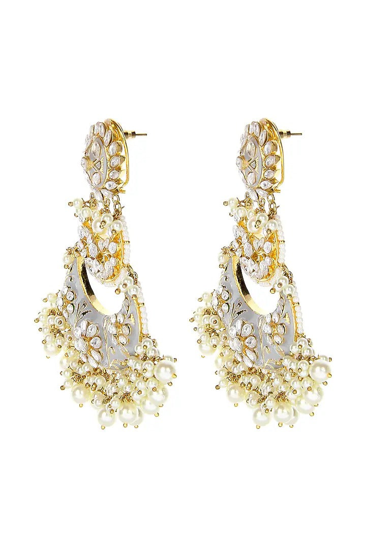 Grey Meenakari Kundan Chandbali Earrings