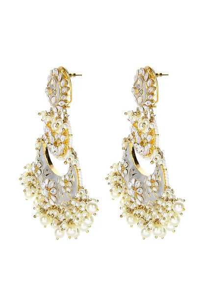 Grey Meenakari Kundan Chandbali Earrings