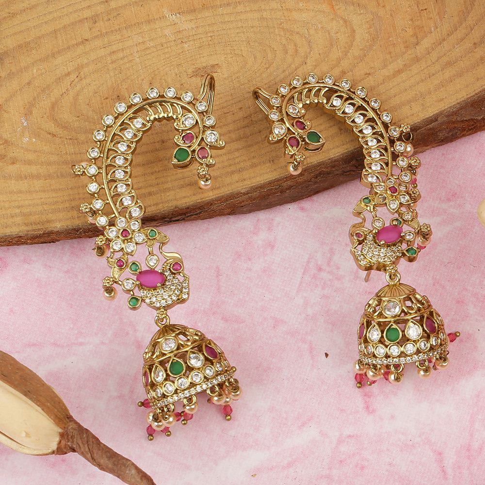 Traditional gold kundan jhumka earrings with pearl drops and colorful gemstones