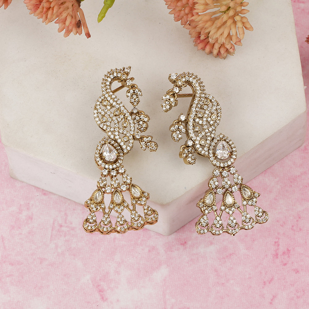 Gold-plated American diamond peacock ear cuff earrings for women with chandelier drop design, perfect for bridal, wedding, festive, and party wear.