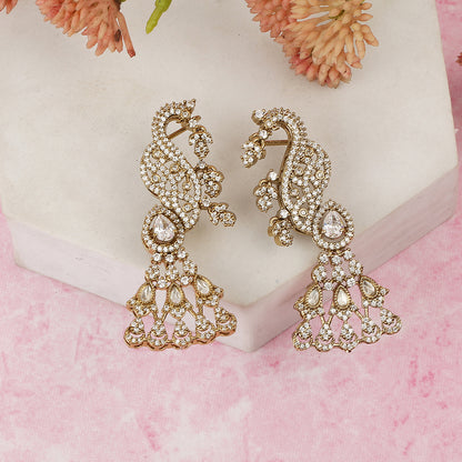 Gold-plated American diamond peacock ear cuff earrings for women with chandelier drop design, perfect for bridal, wedding, festive, and party wear.
