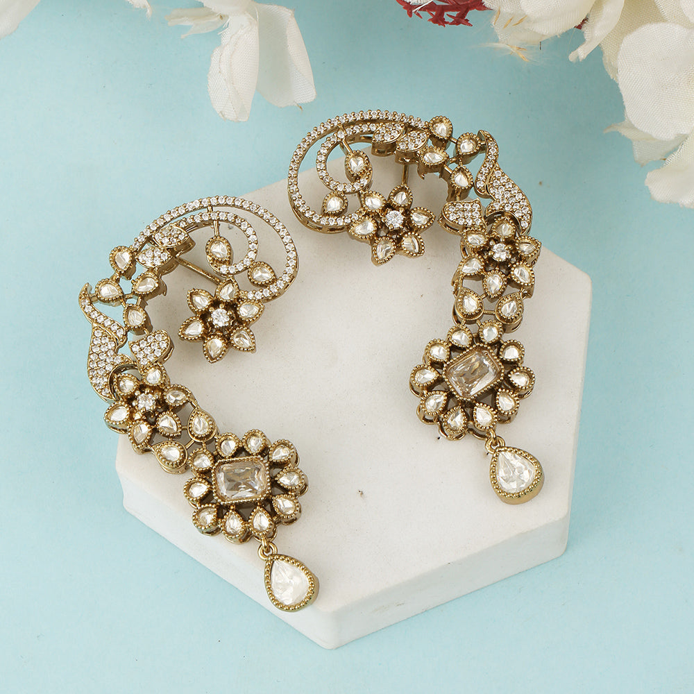 Gold Plated American Diamond Ear Cuff Earrings with Floral Design & Teardrop Dangle | Designer Statement Earrings