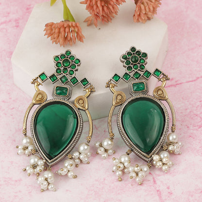 Oxidised silver earrings with green teardrop stone and pearl drops for women ethnic jewelry