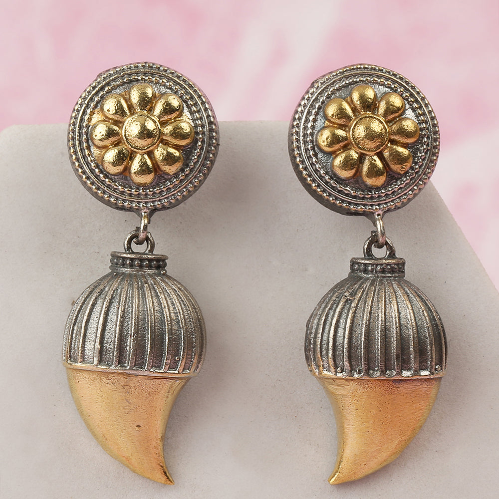 Dual tone antique finish floral jhumka earrings with gold flower stud and textured drop design