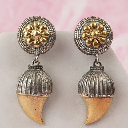 Dual tone antique finish floral jhumka earrings with gold flower stud and textured drop design