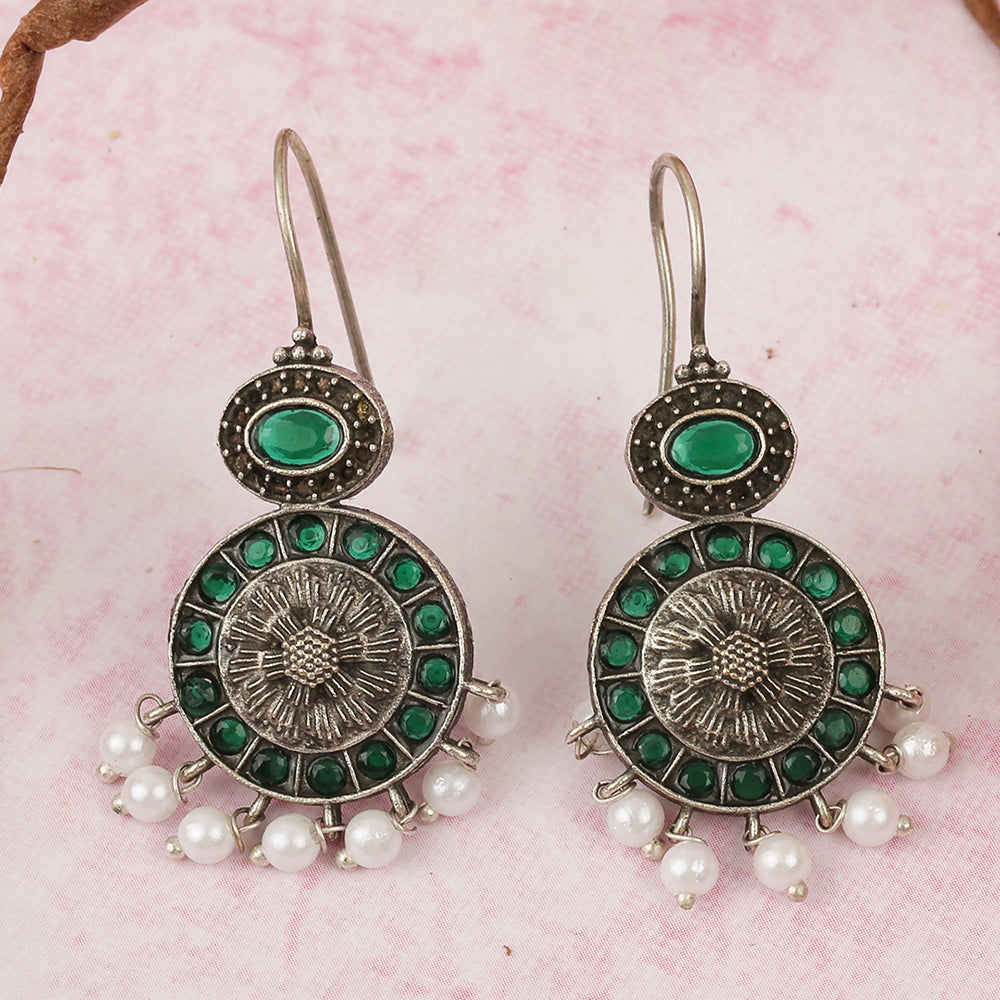 Oxidized silver earrings with green stones circular design and pearl drop danglers