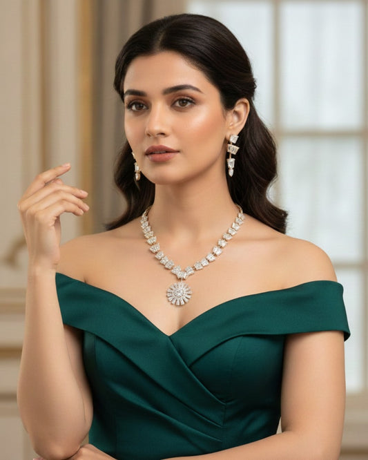 Floral American Diamond Necklace & Earring Set for Women