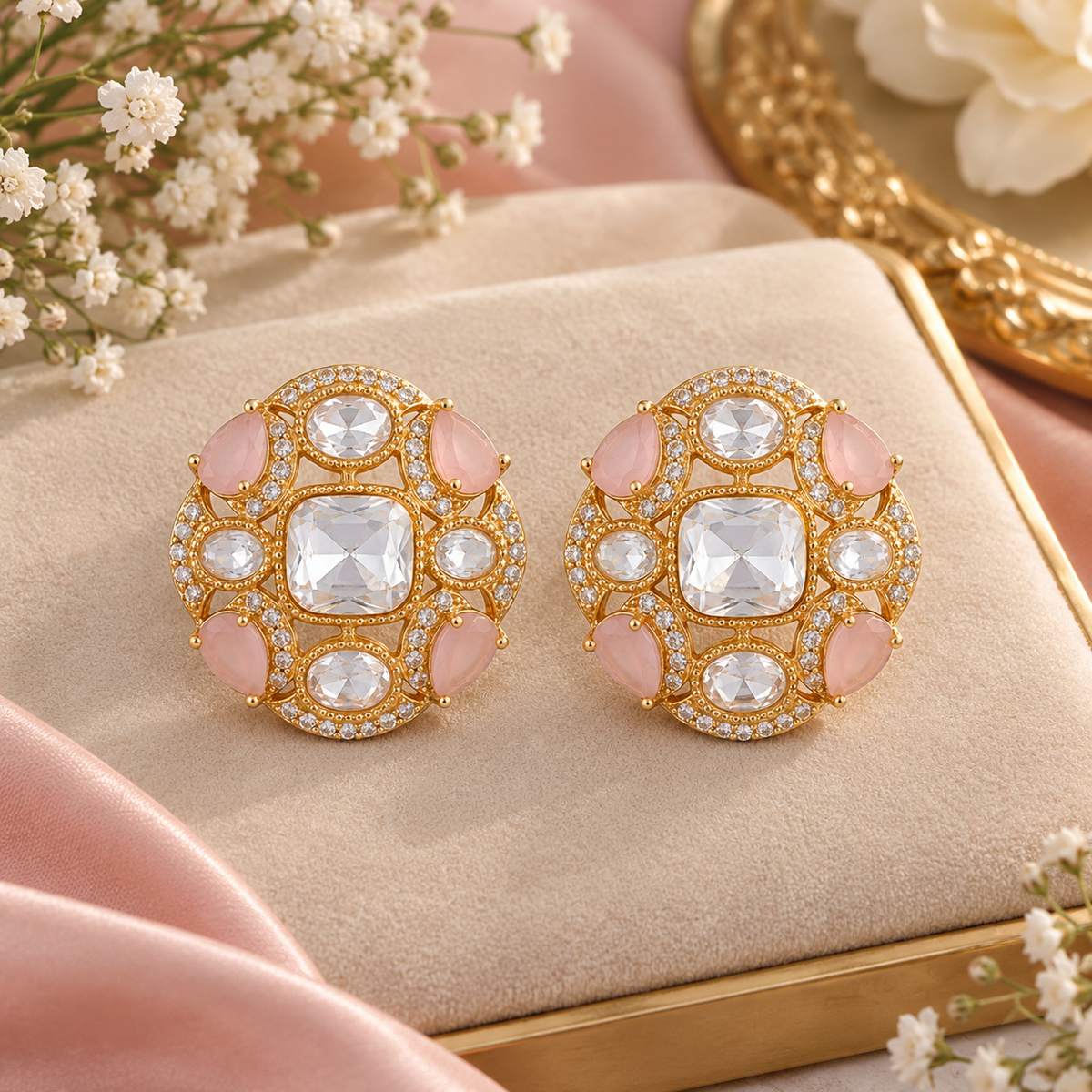 Pink Zircon Round Statement Stud Earrings