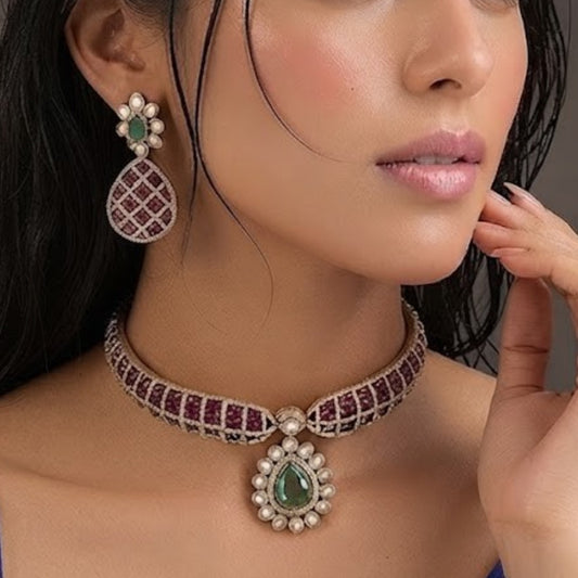 Ruby Pavé Kundan Cuff Choker with Emerald Drop