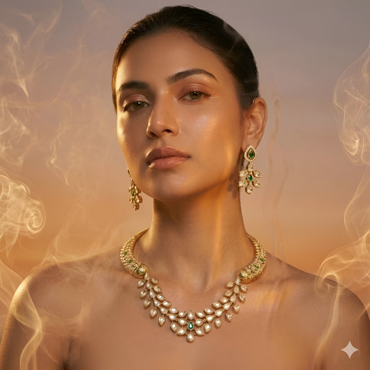Elegant Kundan Polki Necklace Set with Green Stones & Pearl Tassel – Bridal Traditional Jewellery
