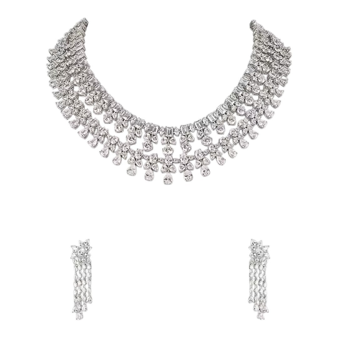 Luxury American Diamond Choker Necklace Set with Long Tassel Earrings Rhodium Plated Bridal Wedding Jewelry