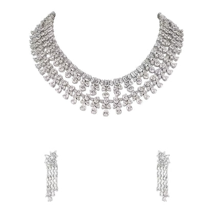 Luxury American Diamond Choker Necklace Set with Long Tassel Earrings Rhodium Plated Bridal Wedding Jewelry