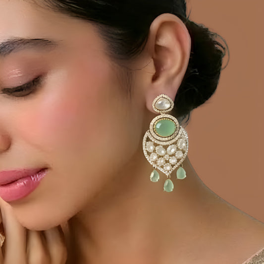 Mint green kundan chandbali earrings with zircon border and teardrop hangings