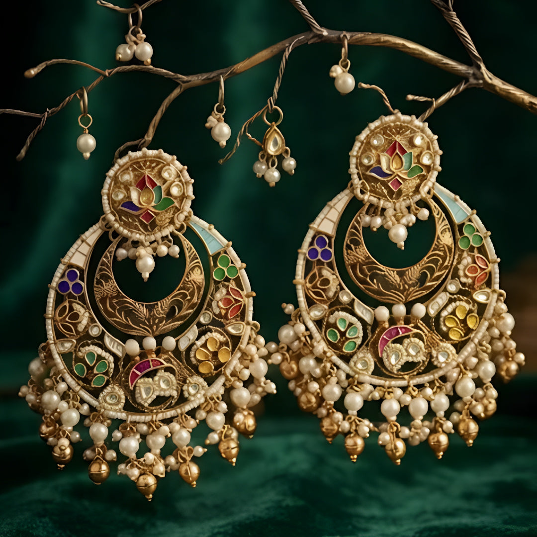 Multicolor meenakari chandbali earrings with pearl drops in antique gold finish for women.