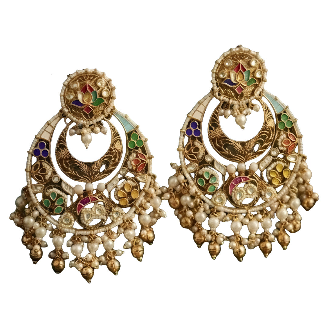 Multicolor meenakari chandbali earrings with pearl drops in antique gold finish for women.