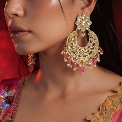 Kundan Chandbali Earrings with Pink Pearl Drops