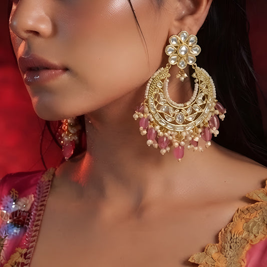 Kundan Chandbali Earrings with Pink Pearl Drops