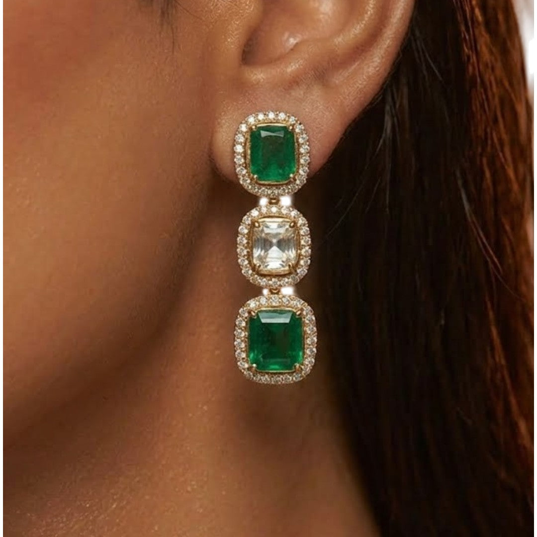 Luxury emerald green and white stone choker necklace set with matching earrings on white background.