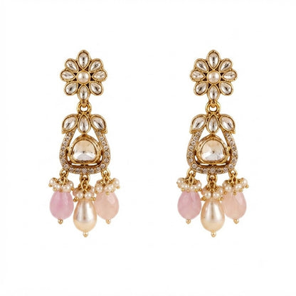 Gold-plated floral Kundan choker necklace set with pink beads, pearl drops, and matching earrings for bridal, wedding, and festive wear.