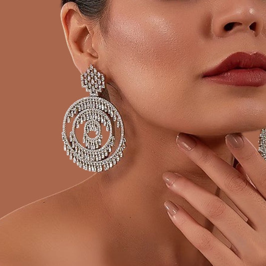 Sparkling crystal concentric circle drop earrings with intricate hanging accents

