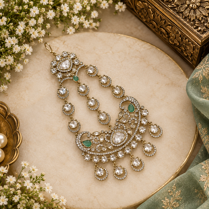 Gold-finish polki-style passa with crescent-moon drops, clear stones, mint-green pear stones, and American diamond filigree