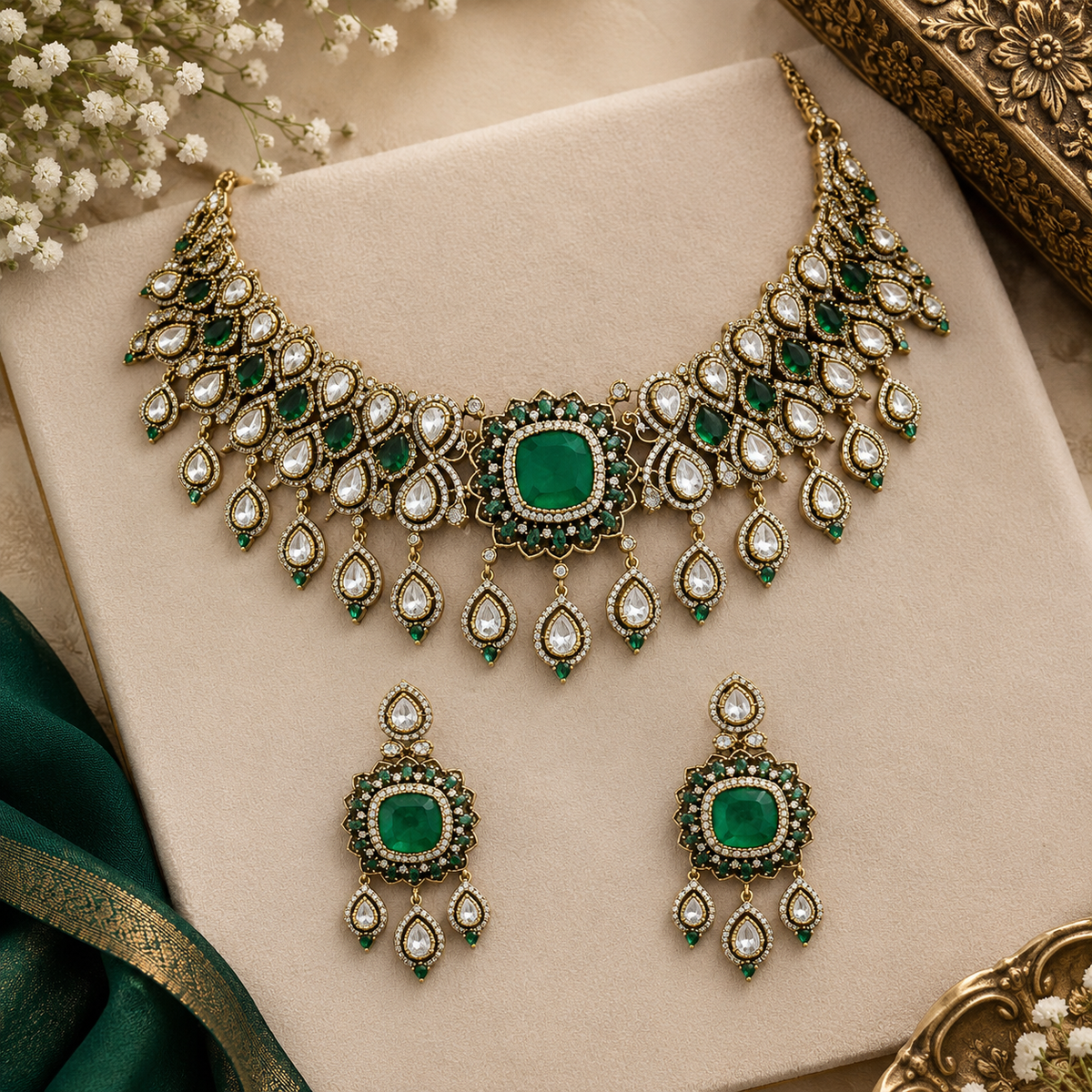 Antique gold emerald green kundan polki bridal choker necklace set with teardrop fringe and matching chandelier earrings