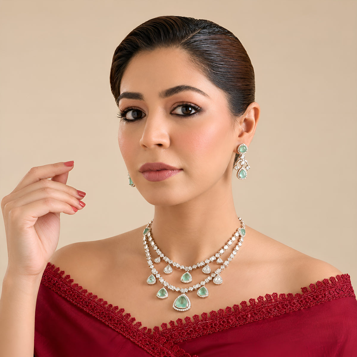 Gold finish two-layer American diamond necklace set with mint green triangular stones, polki-style clear drops and matching chandelier earrings – Auraa Trends