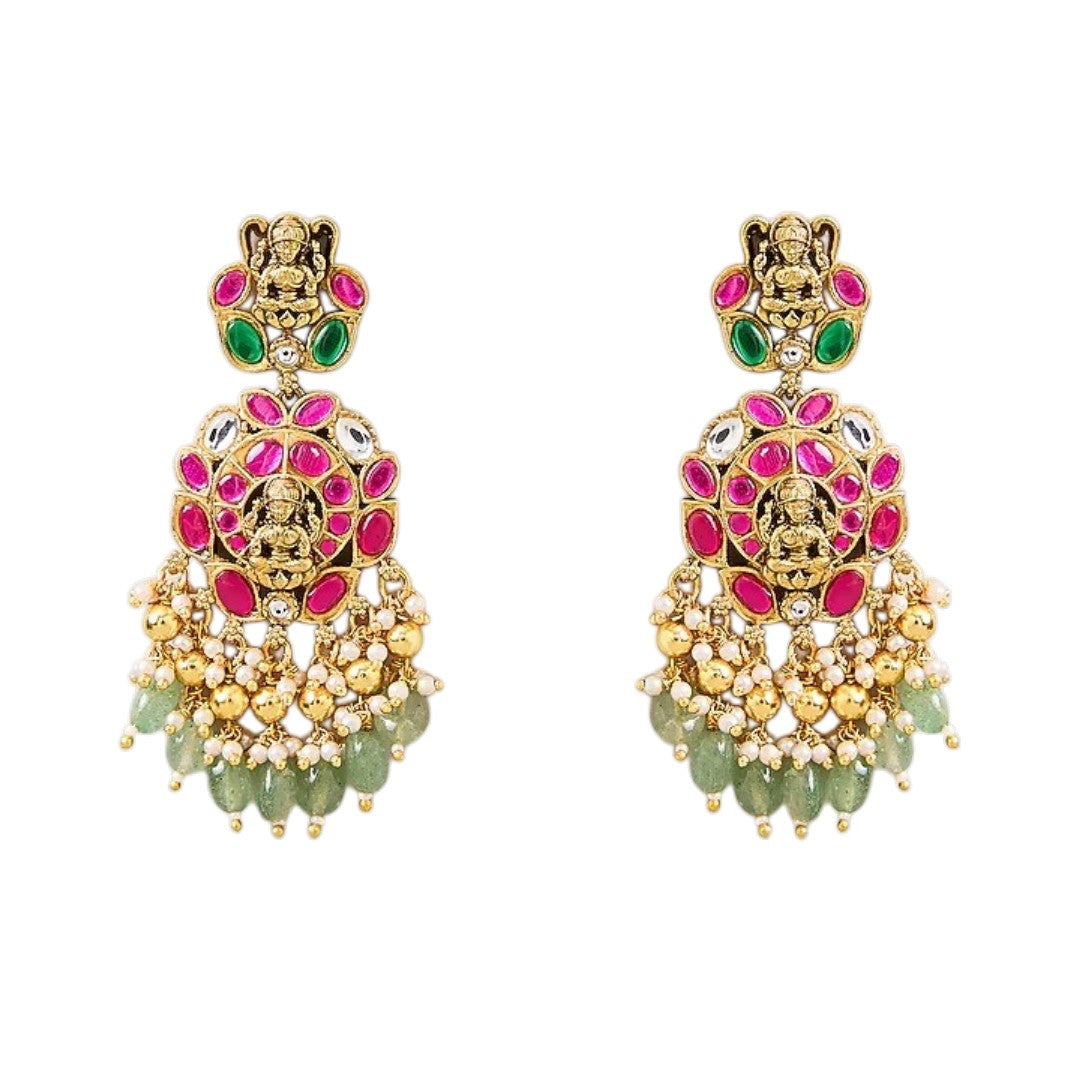 Pink and green temple Kundan necklace set with goddess pendant and matching earrings