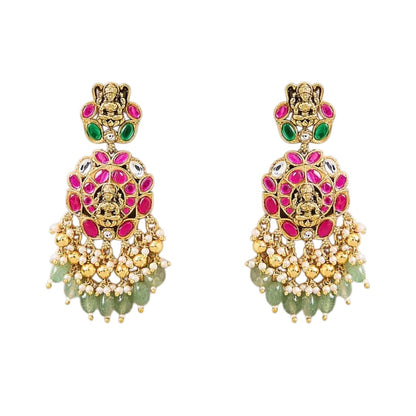 Pink and green temple Kundan necklace set with goddess pendant and matching earrings