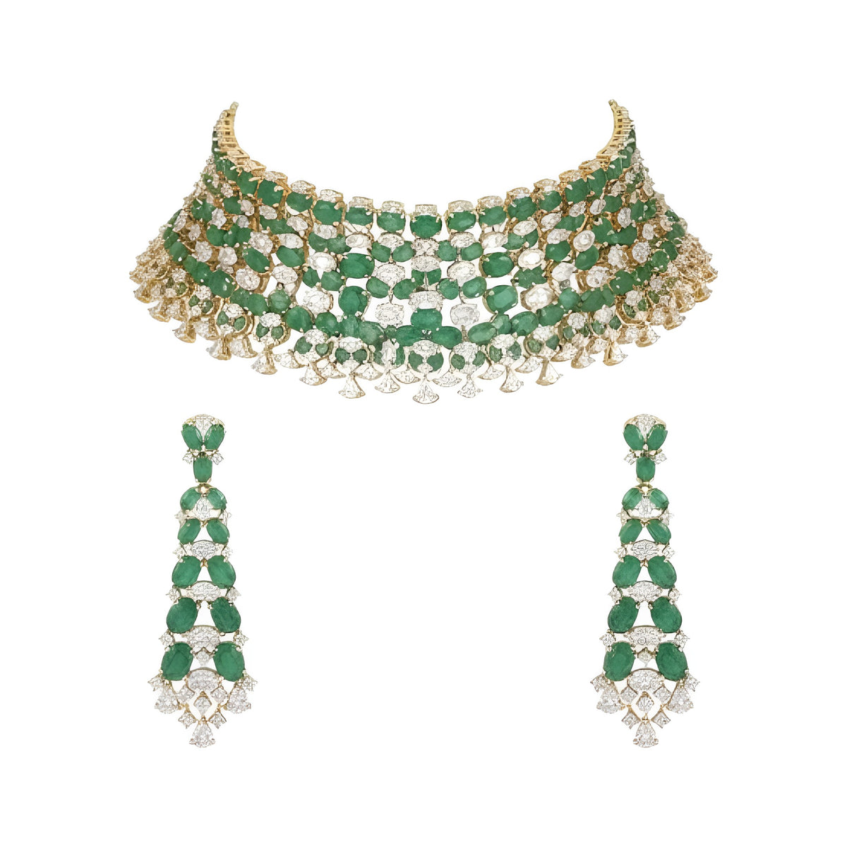 Emerald green American diamond choker necklace on a display bust with a matching long drop earring in hand