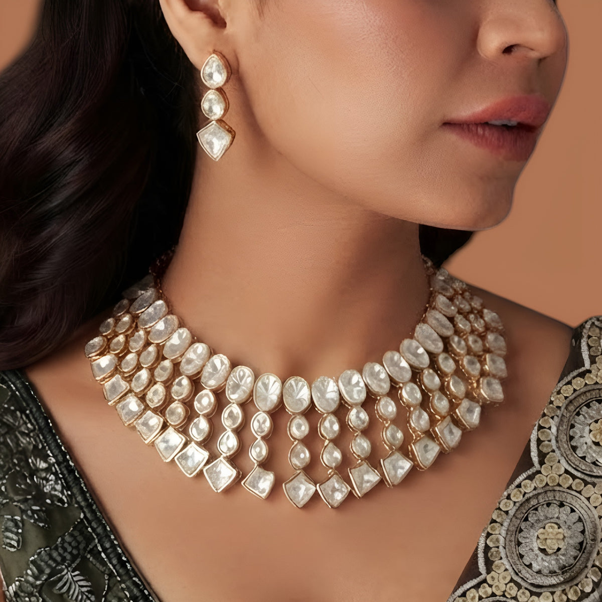 Model wearing gold plated polki kundan bib-style choker necklace with matching drop earrings