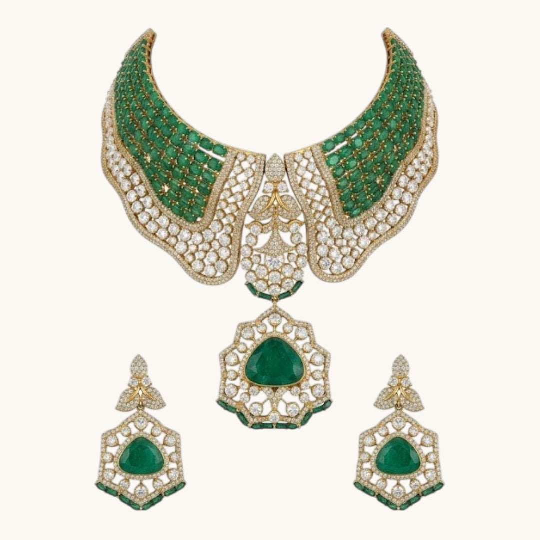 Luxury emerald green bridal choker necklace set with American diamonds and matching earrings on golden textured background.