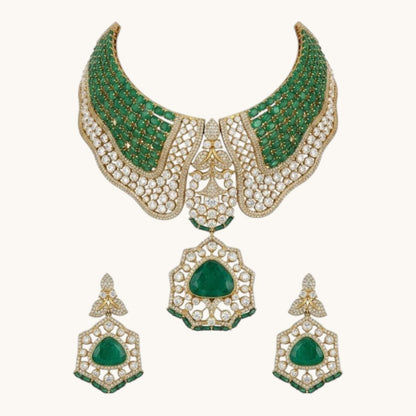 Luxury emerald green bridal choker necklace set with American diamonds and matching earrings on golden textured background.