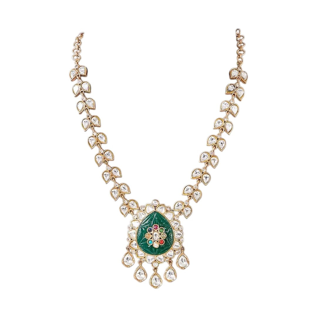 Kundan polki long necklace set with carved emerald pendant and matching earrings