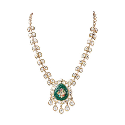 Kundan polki long necklace set with carved emerald pendant and matching earrings