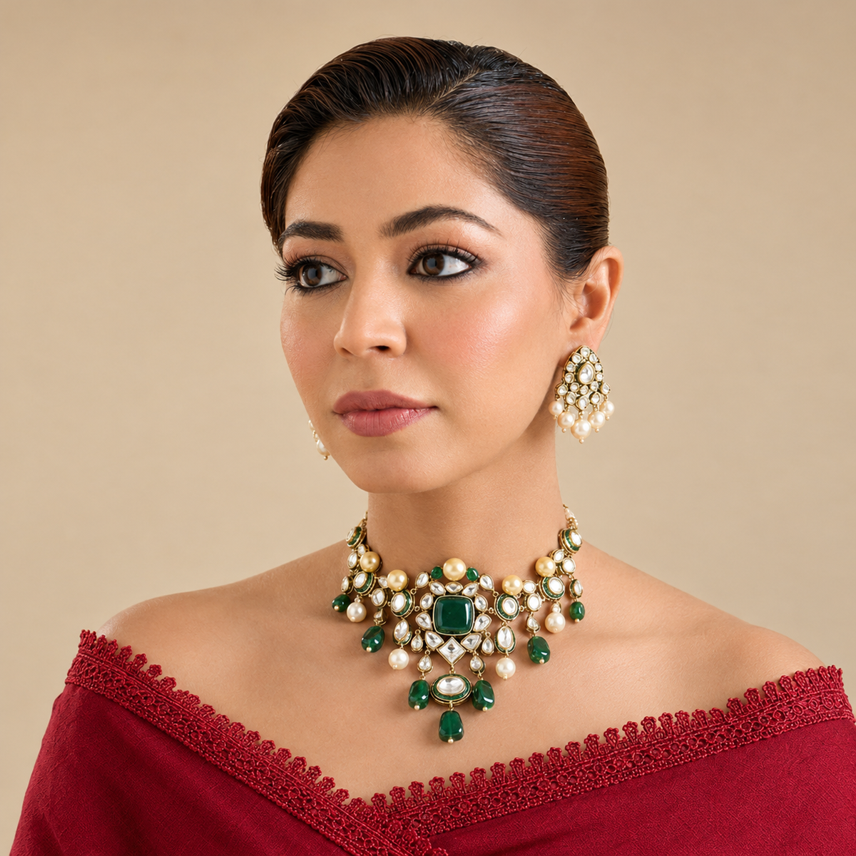 Gold finish emerald green kundan choker necklace set with polki-style stones, pearl drops, green stone drops and matching pearl drop earrings – Auraa Trends